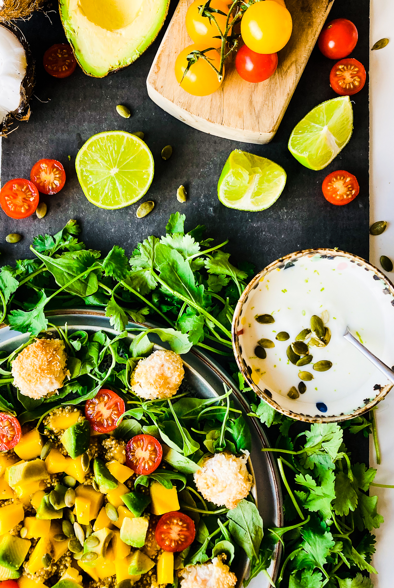 Coconut Prawn, Avocado and Quinoa Salad Herbs-water-overhead-lemon-lavender-ice-flower -glass-slate