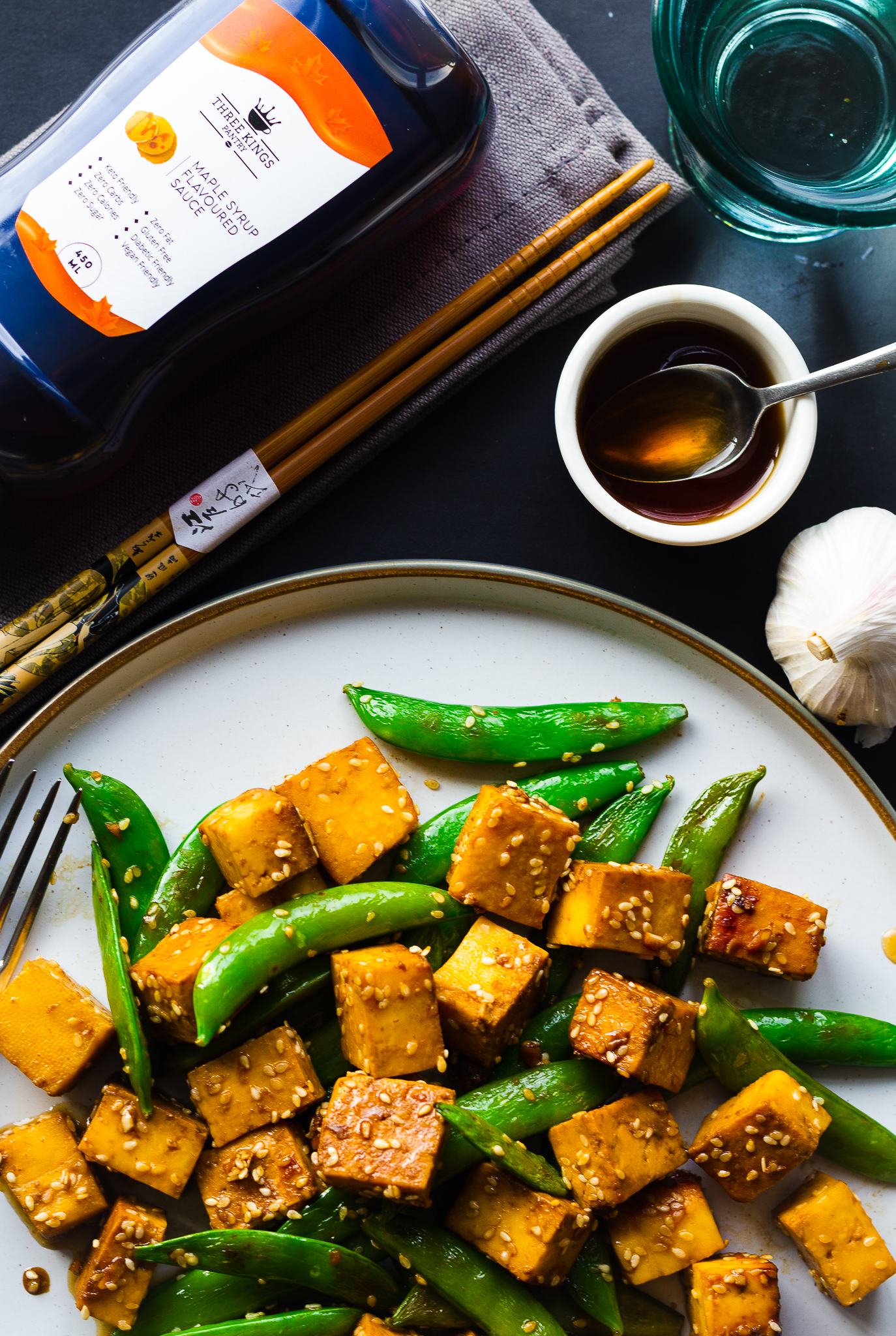Vegan Berry-6 Paneer-sugar-snap-pea-maple-sauce-stirfry-chopsticks