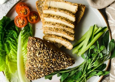Tofu-marinated-steaks-lettuce-sage-tomatoes-cucumber